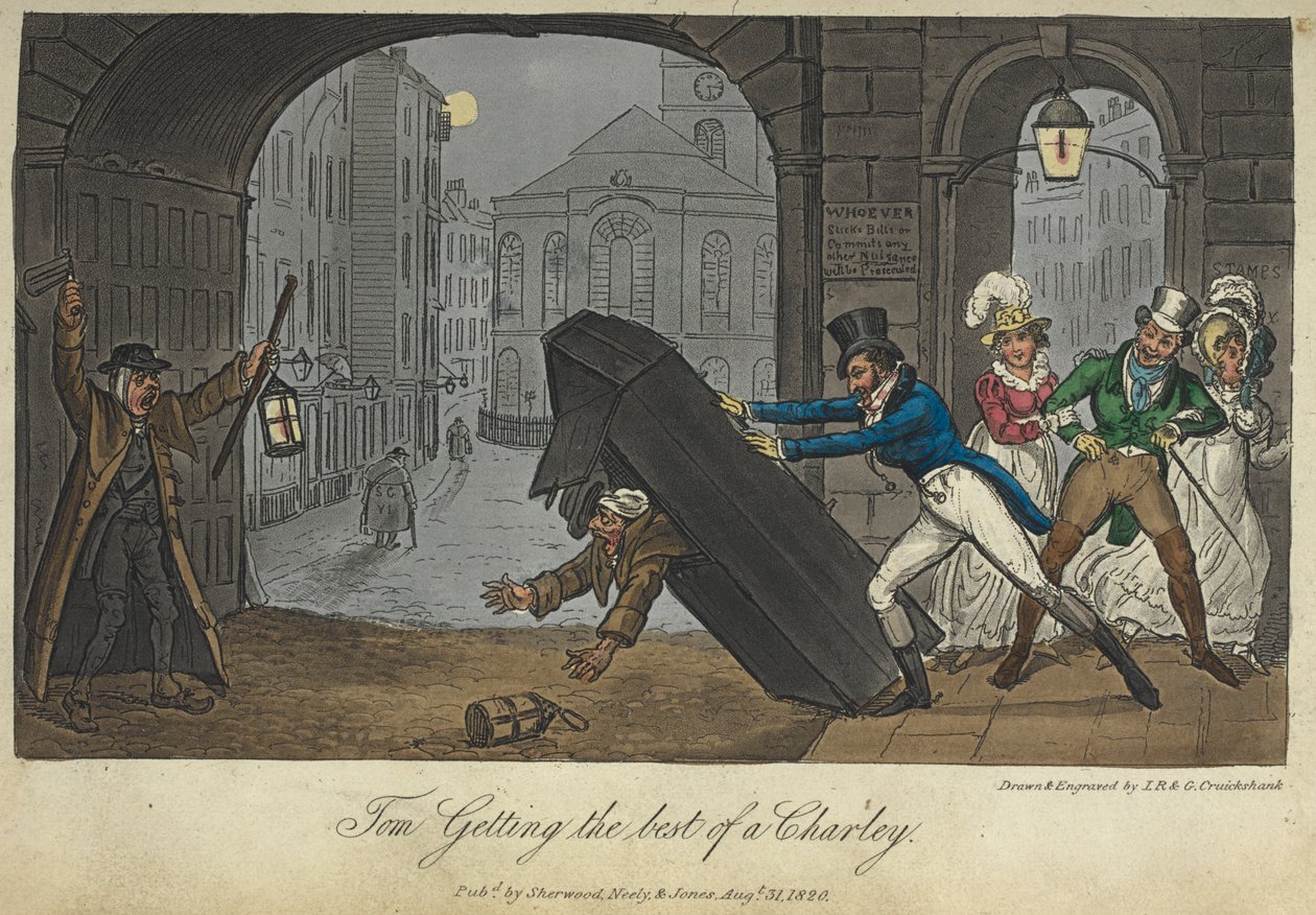 „Tom a Charlie legjobbjait kapja”. Viccet játszik egy éjjeliőrrel, "Élet Londonban stb.", Pierce Egan alkotó: George Cruikshank