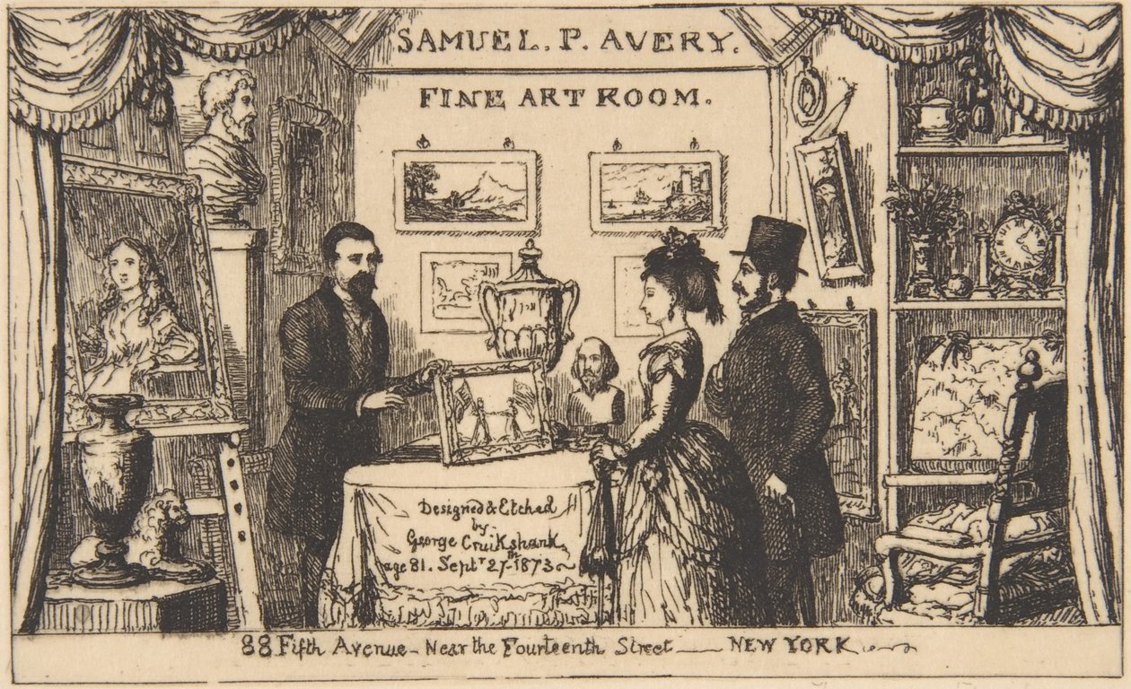 Reklámkártya Samuel P. Avery számára - Képzőművészeti terem alkotó: George Cruikshank