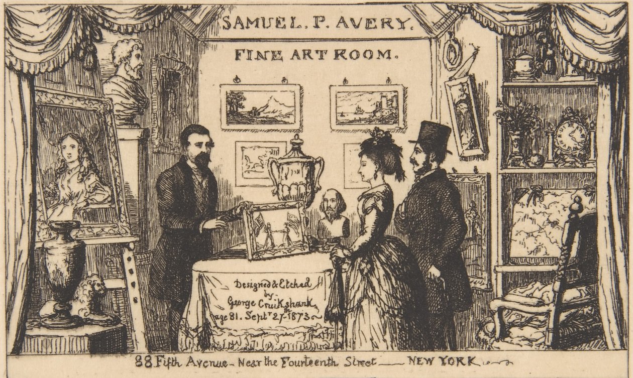 Samuel P. Avery kereskedelmi kártyája – Képzőművészeti szoba, 1873., 1873. alkotó: George Cruikshank