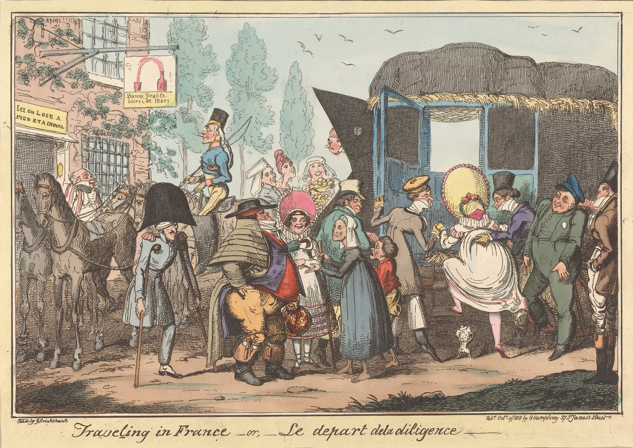 Utazás Franciaországban -vagy, -A postakocsi indulása alkotó: George Cruikshank