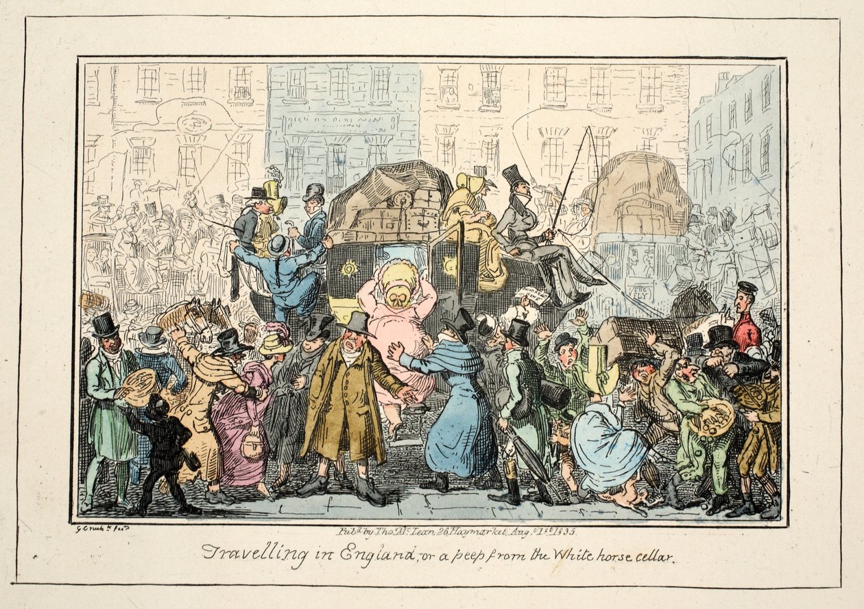 Utazás Angliában - avagy egy pillantás a Fehér Ló pincéből, pub. 1835 (kézzel színezett metszet) alkotó: George Cruikshank