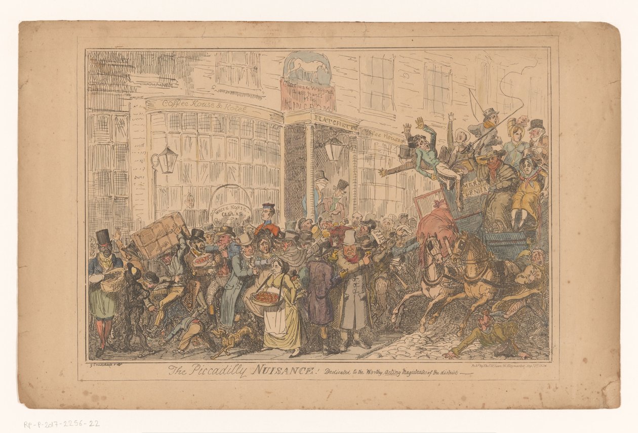 Verkehrschaos buiten het hotel Old White Horse Cellar Piccadillyben A Piccadilly kellemetlenségei! A kerület méltó, megbízott bíróinak szentelve (cím a tárgyon) alkotó: George Cruikshank