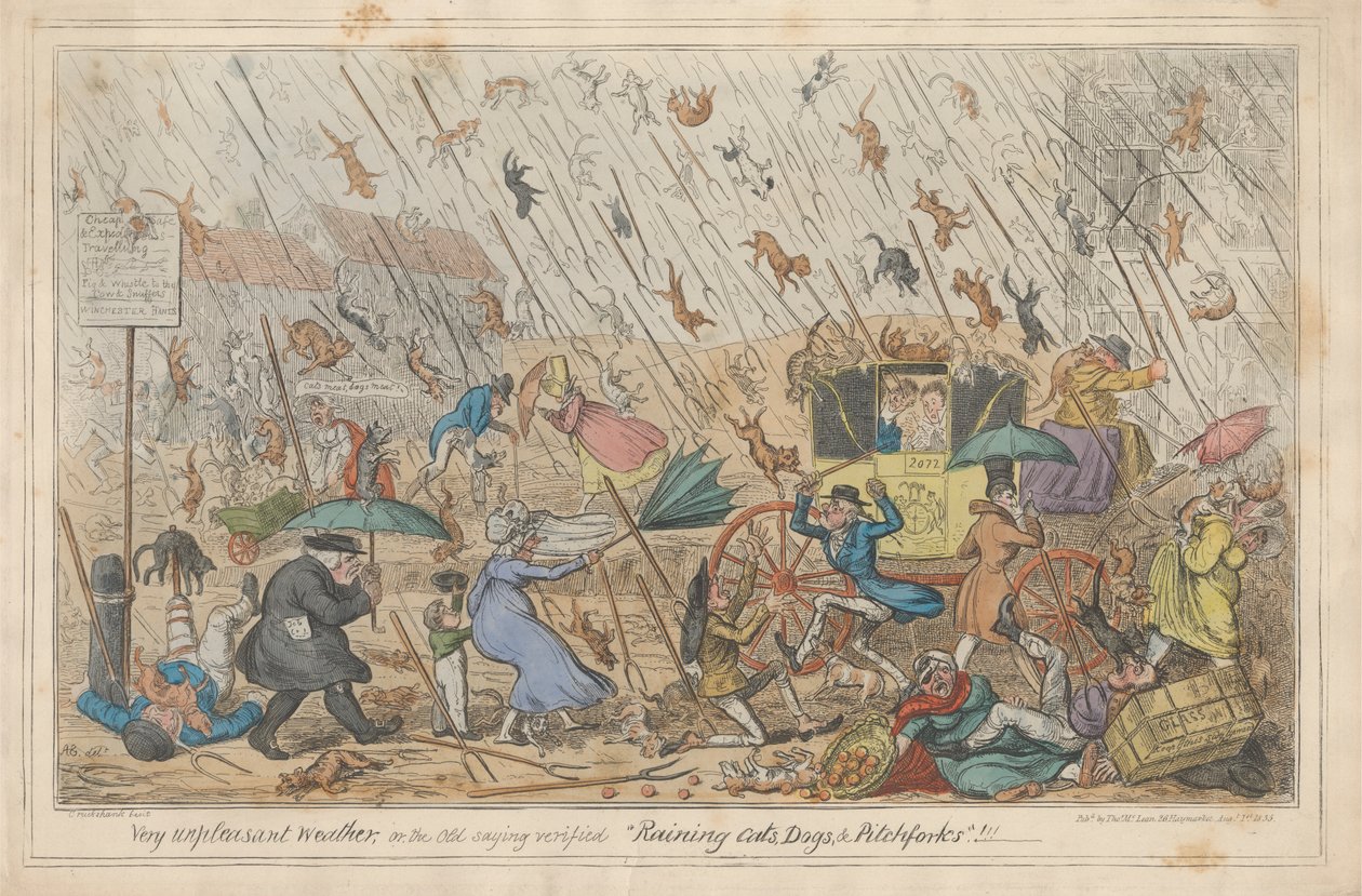 Nagyon kellemetlen időjárás, vagy a régi mondás igazolta "eső macskák, kutyák és vasvillák."!!! alkotó: George Cruikshank