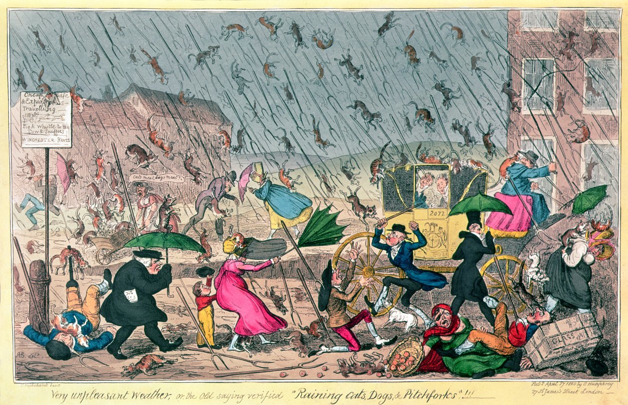 Nagyon kellemetlen időjárás, vagy a régi mondás igazolta Eső macskák, kutyák és vasvillák!, kocsma. G. Humphrey, 1820 alkotó: George Cruikshank