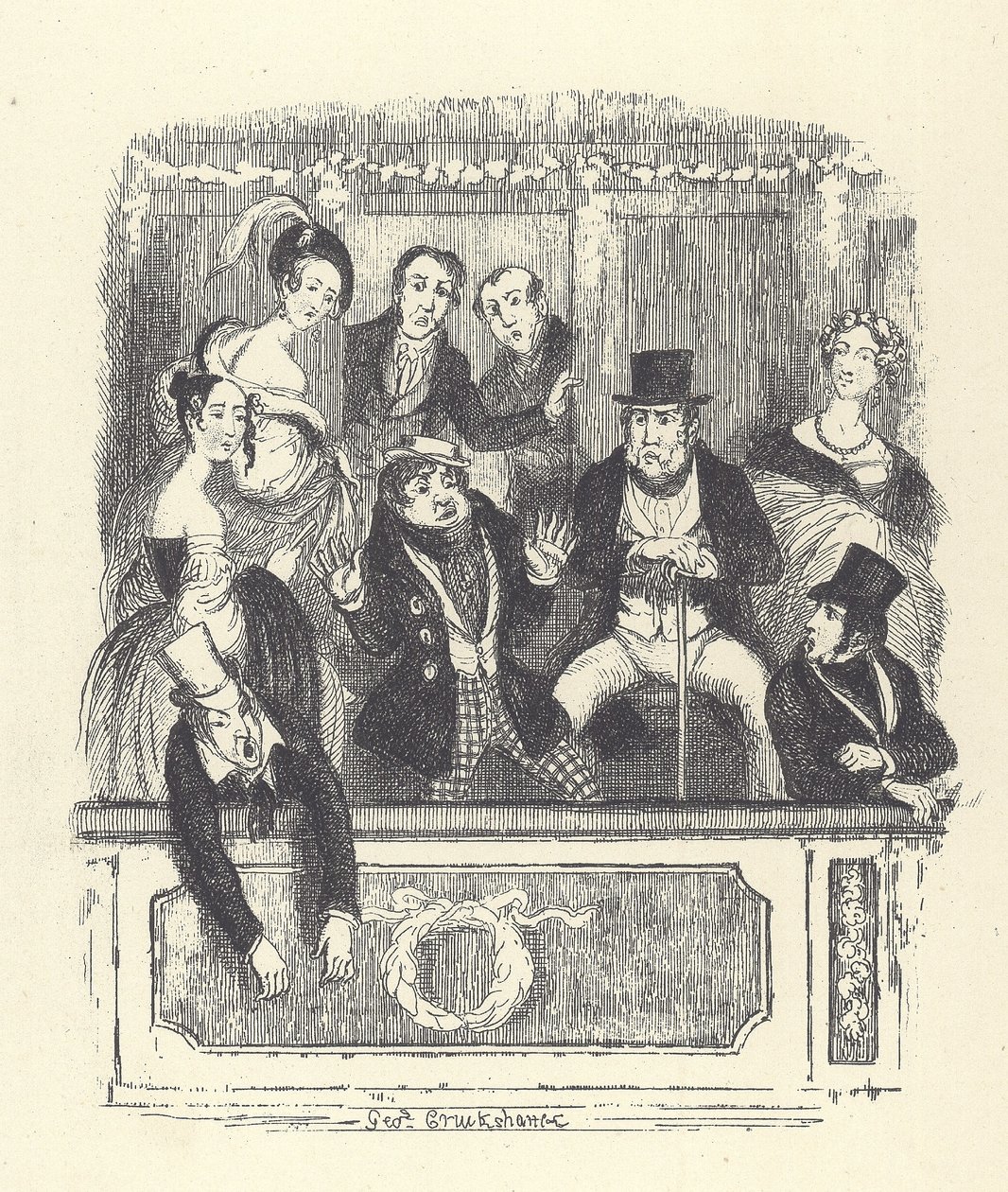 A viktoriánus színházlátogatók egy dobozba tömörülnek egy londoni színházban (metszet) alkotó: George Cruikshank