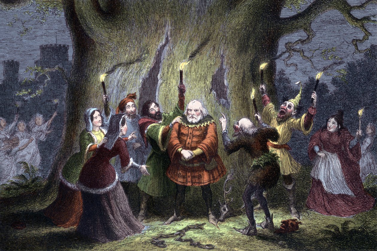 William Shakespeare A windsori víg feleségek című darabot először 1597-ben vagy 1600-ban mutatták be. Falstaff, miután megtartotta feltételezett megbízatását a windsori erdő úrnőjével, Forddal Herne, a Vadász szerepében, és „tündérek” megcsípték és megütöt alkotó: George Cruikshank