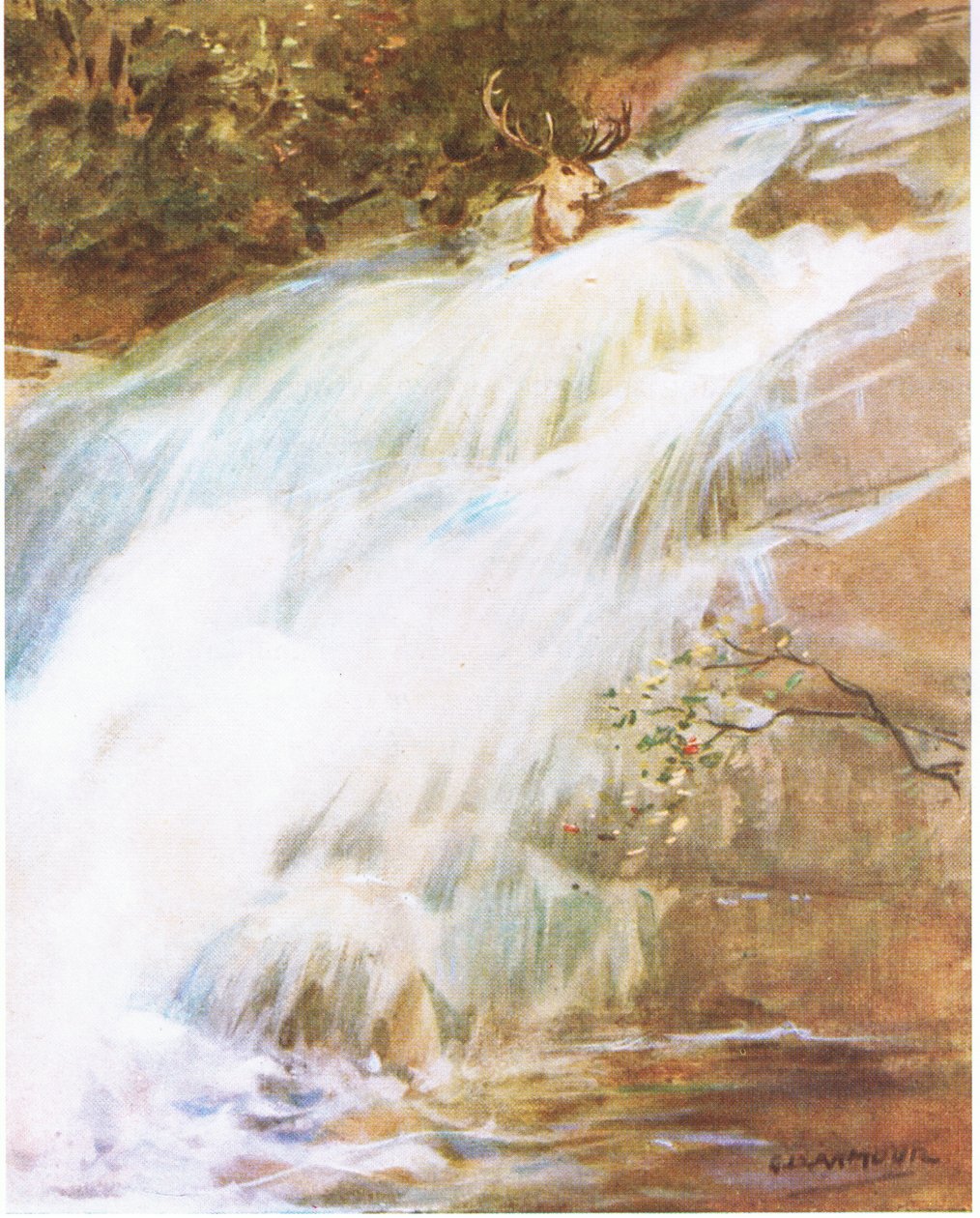 Fejét a levegőbe vetette, utolsó dacként, és belevetette magát a vízesésbe (színes litho) alkotó: George Denholm Armour
