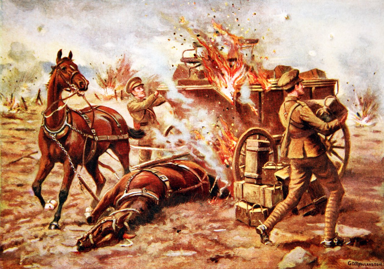 H.A. Creasey megbízott bombázó egy égő lőszeres vagon kirakodásánál segédkezik nagyon erős gránáttűz alatt. alkotó: George Derville Rowlandson