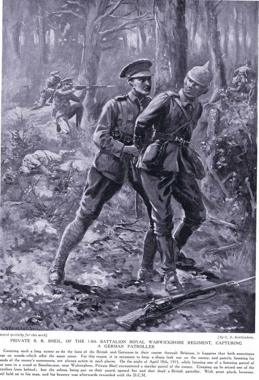 B R Shiel közlegény DCM-et kapott egy német járőr elfogásáért Belgiumban 1915 áprilisában alkotó: George Derville Rowlandson