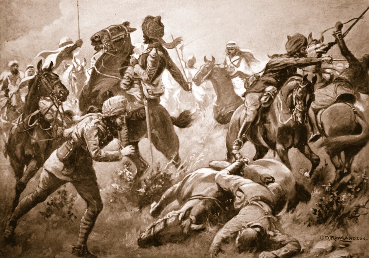 Risaldar Santa Singh, Dafadar Bisham Singh és Sowar Buda Singh áttör az arabok között Willoughby kapitány segítségével alkotó: George Derville Rowlandson