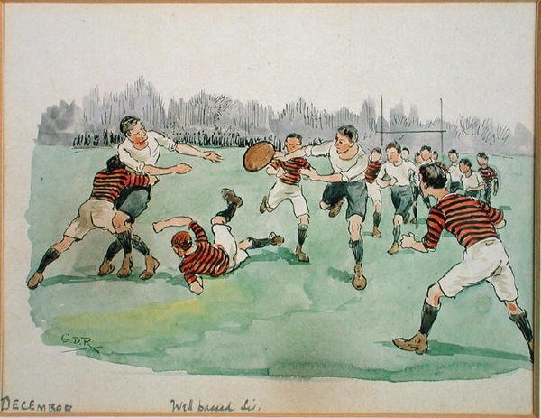 December hónap: Rögbi (toll, tinta és akvarell papíron) alkotó: George Derville Rowlandson