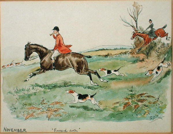 November hónap: Vadászat (toll, tus és akvarell papíron) alkotó: George Derville Rowlandson