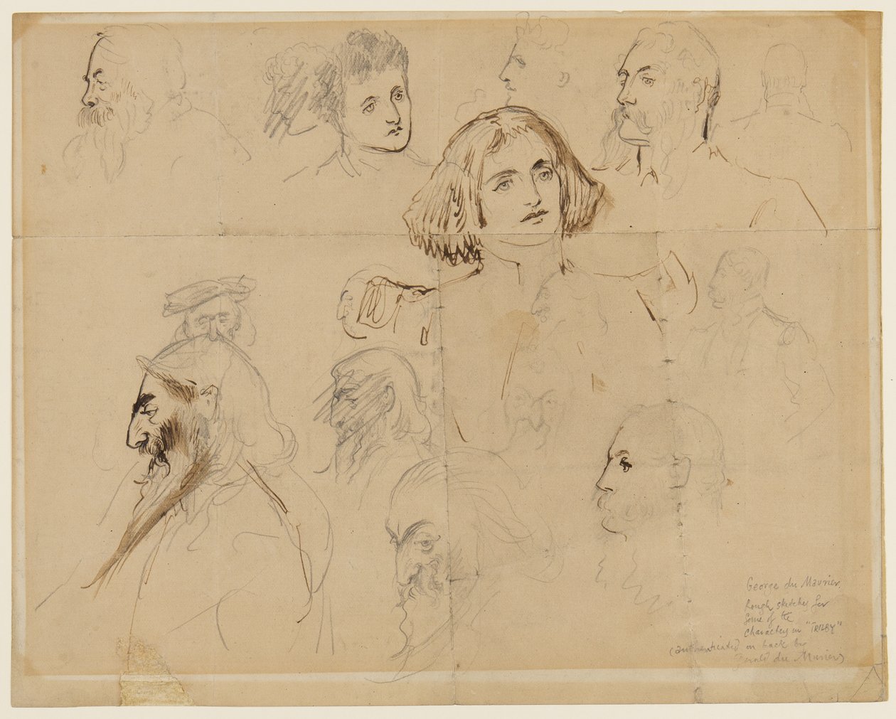 Durva vázlat a Trilby egyes szereplőihez, köztük Trilbyhez és Svengalihoz (ceruza, toll és tinta papíron) alkotó: George du Maurier
