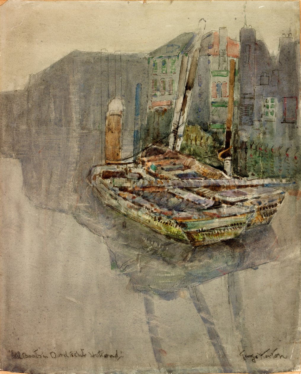 Angolnahajók egy csatornában a hollandiai Dordrechtben (szén és akvarell, kártyára ragasztott papíron) alkotó: George Edward Horton