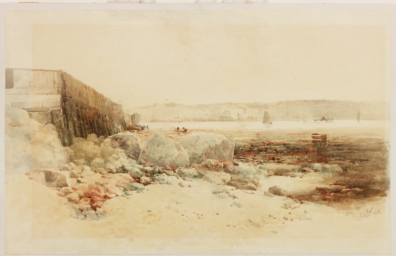 Kikötői jelenet (ceruza és akvarell, kártyára ragasztott papíron) alkotó: George Edward Horton