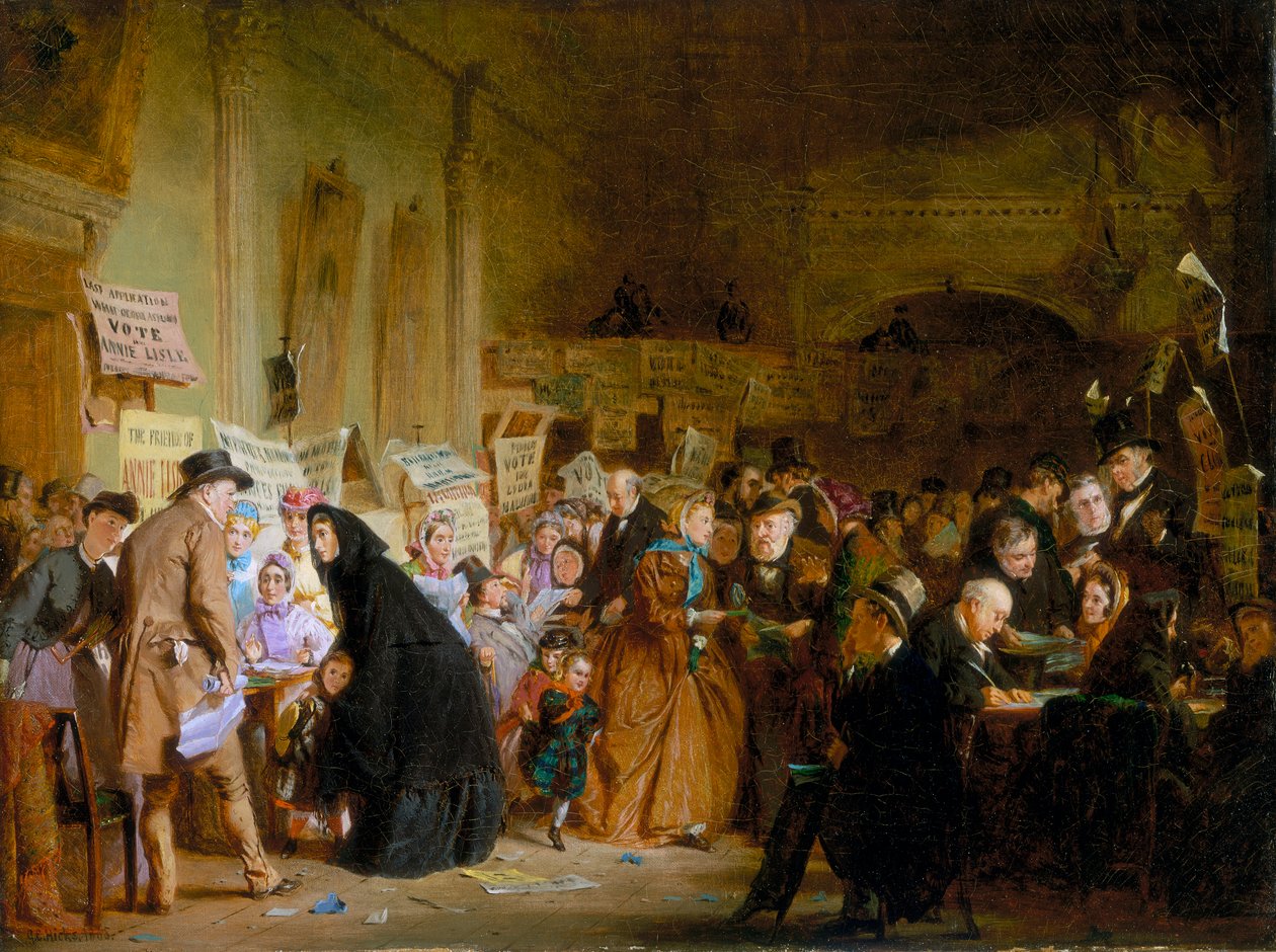 „Egy csecsemő árva választás a London Tavernben. „Szavazás”, 1865 alkotó: George Elgar Hicks
