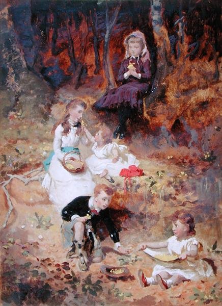 Öt gyerek játszik az erdőben (olaj a kártyán) alkotó: George Elgar Hicks