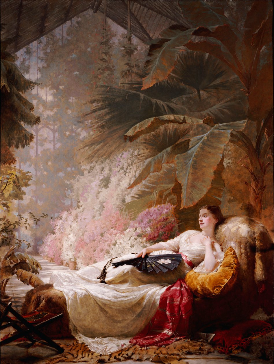 Adelaide Maria Guinness portréja a kanapén fekve egy télikertben, 1885 alkotó: George Elgar Hicks