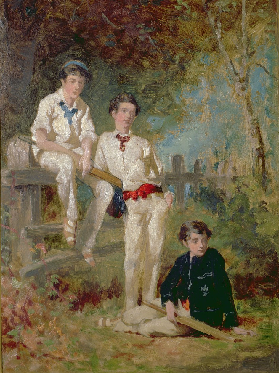Három fiatal krikettjátékos, 1883 körül (olaj a kártyán) alkotó: George Elgar Hicks