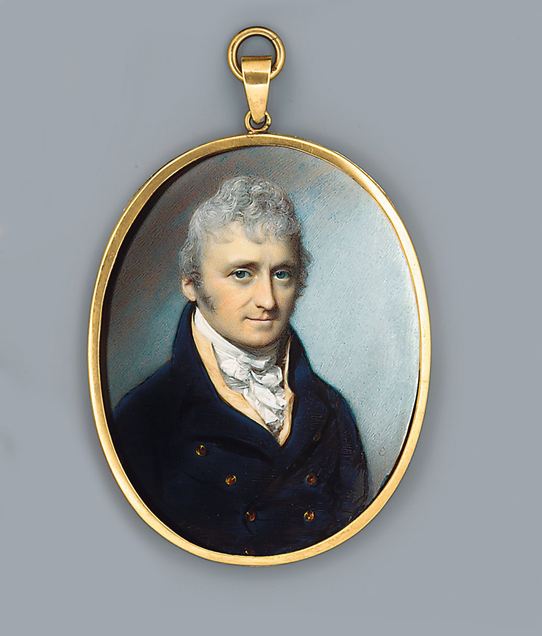 Mr Uthoff, kék kabátban, arany gombokkal, bivalyszínű mellényben és csomózott kraváttal, púderes göndör hajjal, 1805 alkotó: George Engleheart