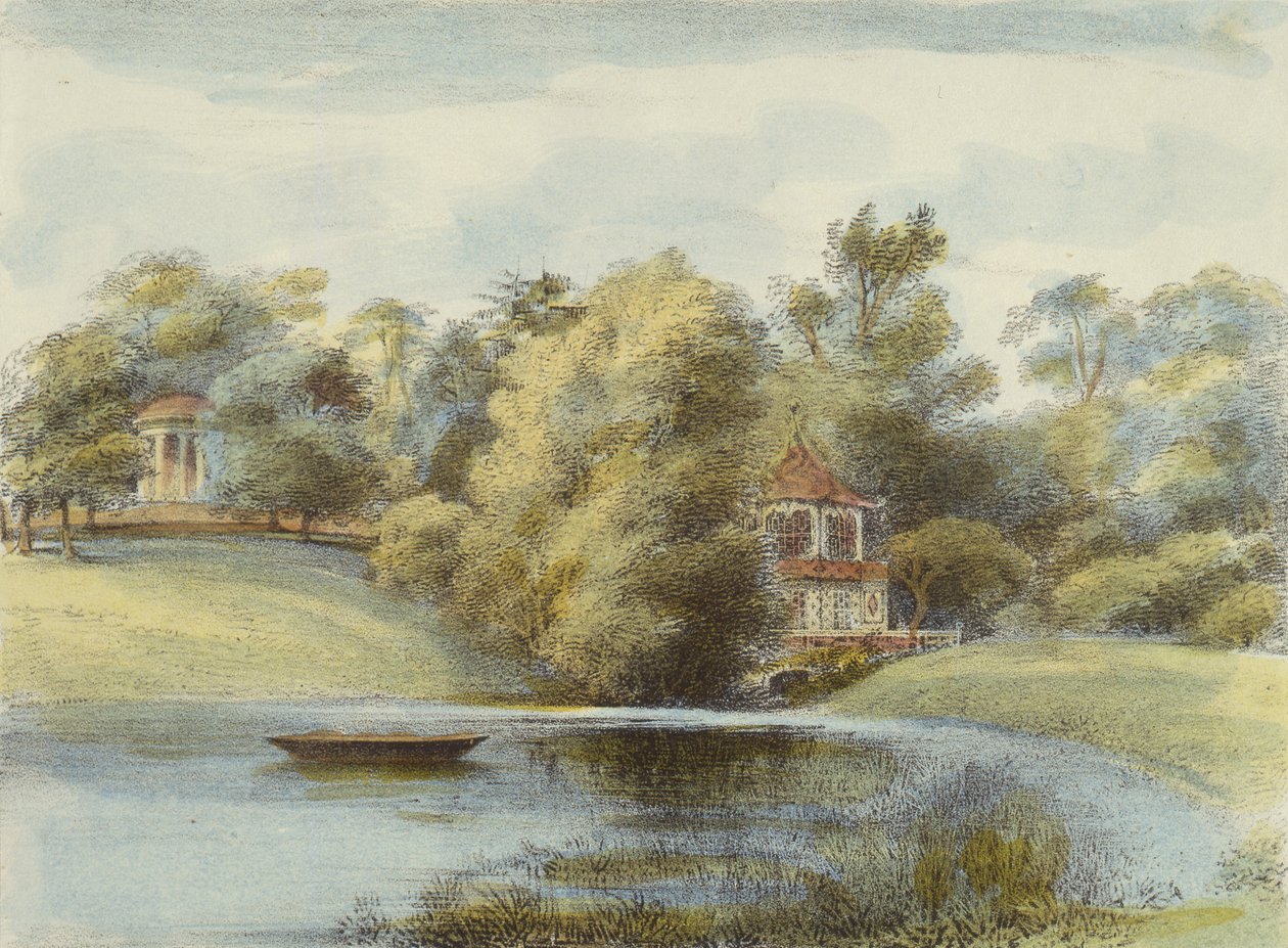Kínai templom és Eolus temploma, Kew Gardens, 16. tábla a Kew Gardensből: Huszonnégy kőrajz sorozata, Charles Hullmandel (1789-1850) metszetében, 1820-ban megjelent (kézzel színezett litó) alkotó: George Ernest after Papendiek