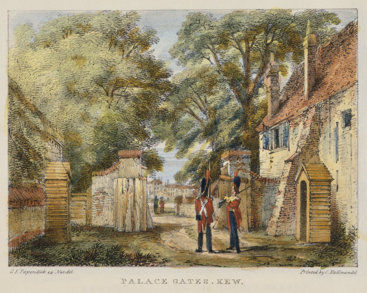 Palace Gates, Kew, 3. tábla a Kew Gardensből: Huszonnégy kőrajz sorozata, Charles Hullmandel (1789-1850) metszetében, 1820-ban megjelent (kézzel színezett litó) alkotó: George Ernest after Papendiek