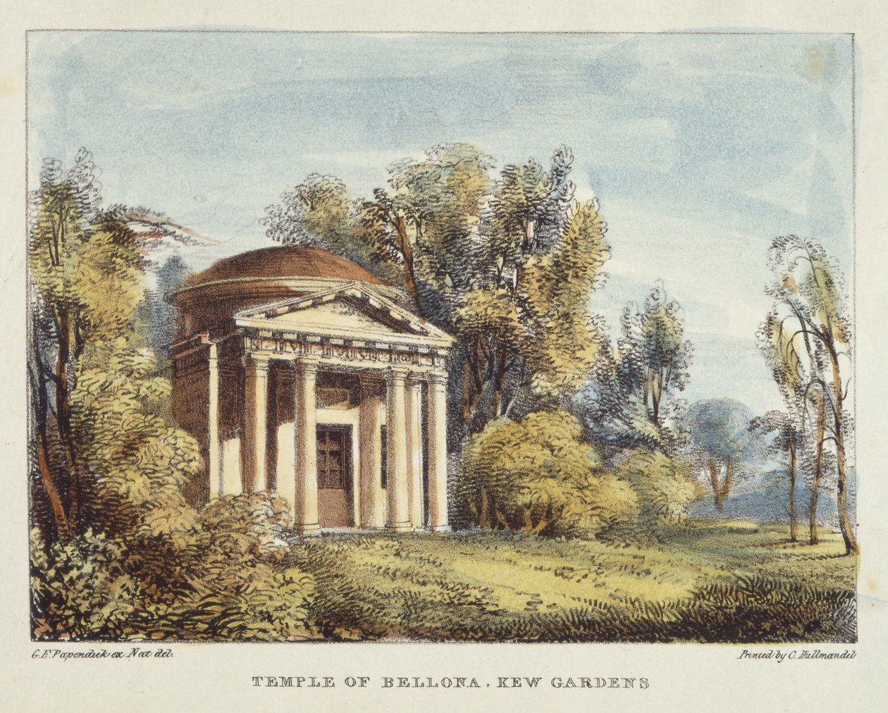 Bellona temploma, Kew Gardens, 24. tábla a Kew Gardensből: Huszonnégy kőrajz sorozata, Charles Hullmandel (1789-1850) metszetében, 1820-ban (kézzel színezett litó) alkotó: George Ernest after Papendiek
