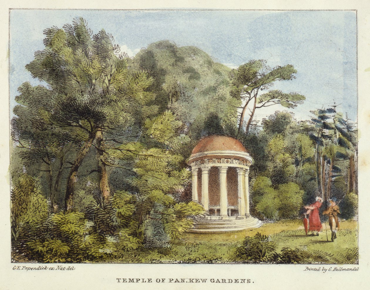 Pan Temple, Kew Gardens, 12. tábla a Kew Gardensből: Huszonnégy kőrajz sorozata, Charles Hullmandel (1789-1850) metszetében, 1820-ban megjelent (kézzel színezett litó) alkotó: George Ernest after Papendiek