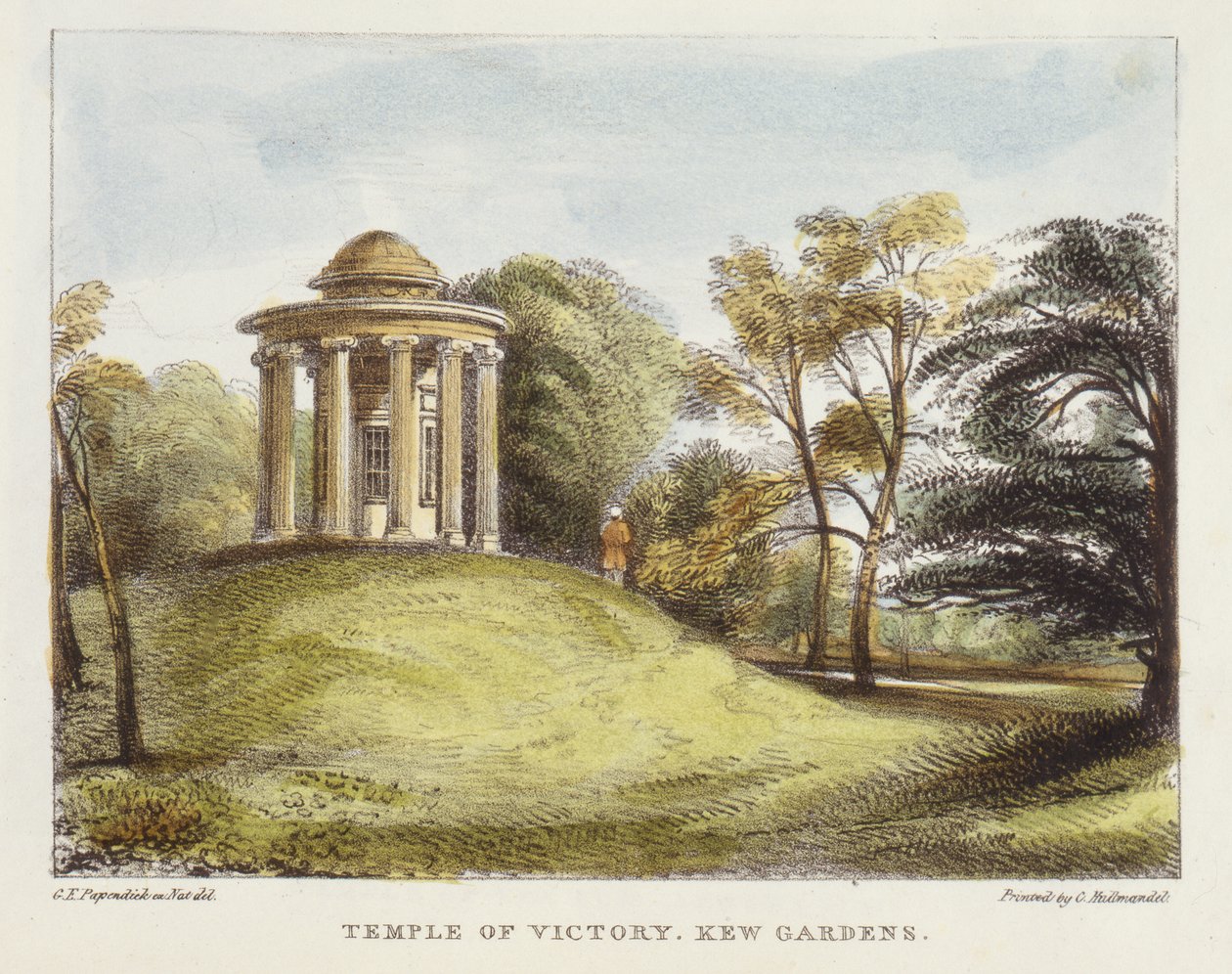 Naptemplom, Arborétum, Kew Gardens, 20. tábla a Kew Gardensből: Huszonnégy kőrajz sorozata, Charles Hullmandel (1789-1850) metszete, 1820-ban megjelent (kézzel színezett litó) alkotó: George Ernest after Papendiek