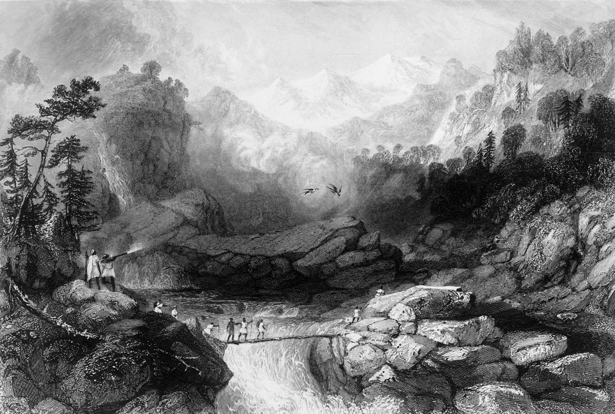 „Crossing by a Sangha, near Jumnootree”, 1838. alkotó: George Francis White