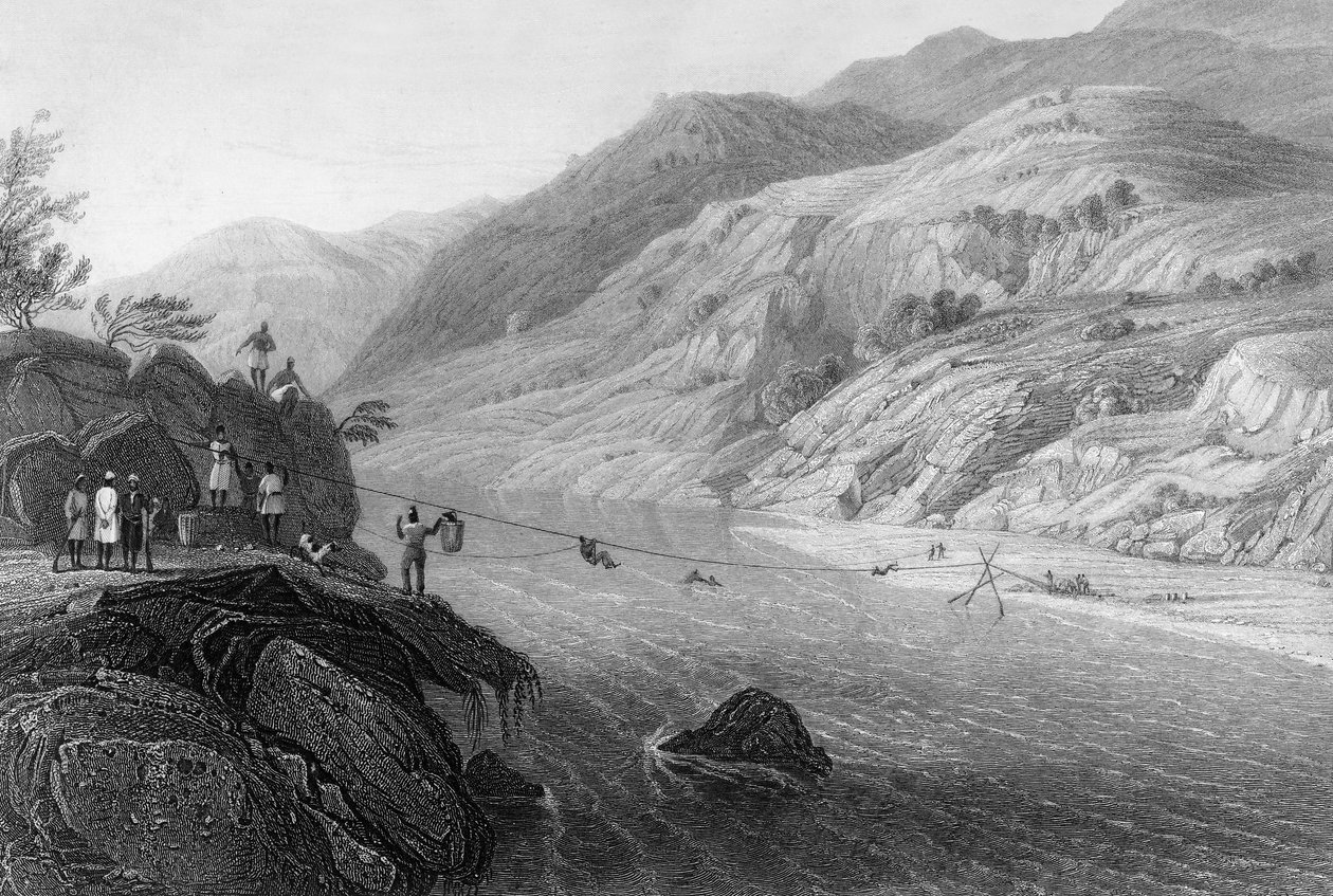 „Crossing the River Tonse by a Jhoola”, 1838. alkotó: George Francis White