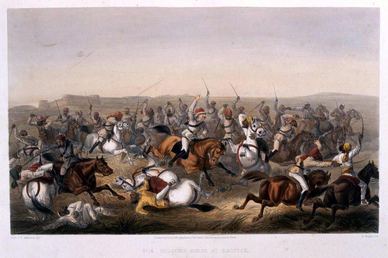 Hodson lova Rhotucknál, a "The Campaign in India 1857-1858" című kötetből, a nagy lázadás eseménydús időszakában készült rajzokból, amelyek a Delhi és környéke előtti katonai hadműveleteket illusztrálják. alkotó: George Francklin Atkinson