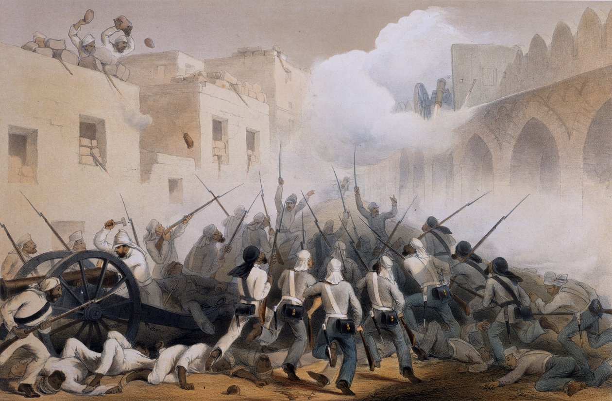 Delhi megrohamozása 1857, az 1857-58-as indiai hadjáratból a nagy lázadás eseménydús időszakában készült rajzok alapján, amelyek a Delhi és környéke előtti katonai műveleteket illusztrálják, pl. alkotó: George Francklin Atkinson
