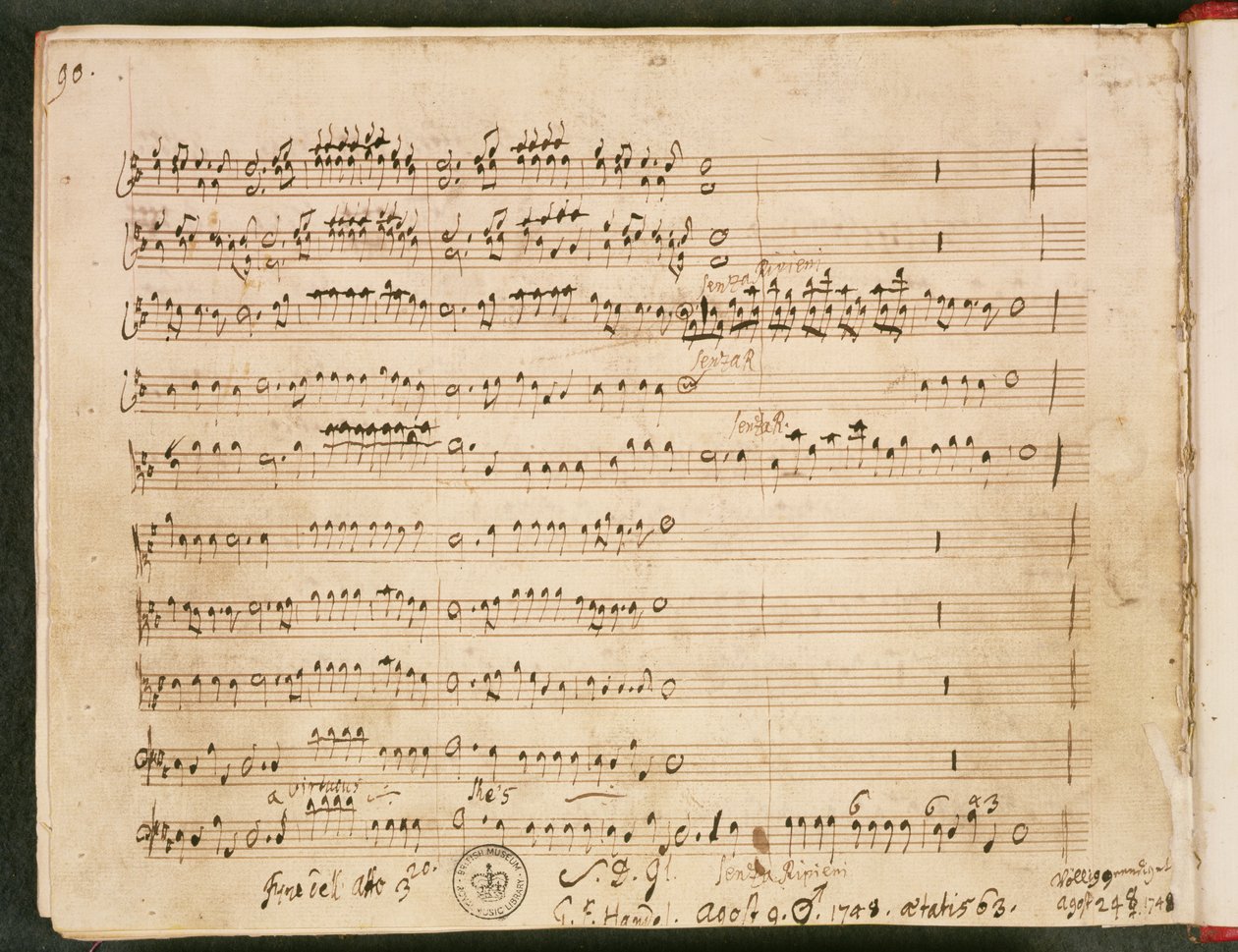Az utolsó folio eredeti partitúrája a Susanna operából alkotó: George Frederick Handel