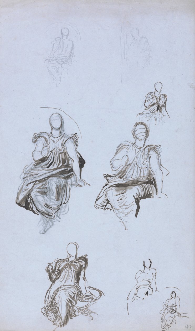Tanulmányok egy ülő alakról egy könyvvel (toll és barna tinta és grafit kék papíron) alkotó: George Frederick Watts