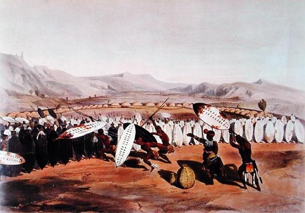 Umpanda felülvizsgálja csapatait Nonduengónál, metszette J. Needham, 1849 körül (színes litográfia) alkotó: George French (after) Angas