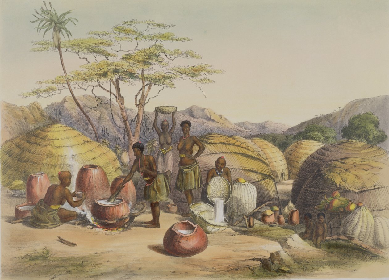 Gudu Kraalja a Tugalában, Sört készítő nők, 26. tányér a „The Kafirs Illustrated”-ből, 1849 alkotó: George French Angas