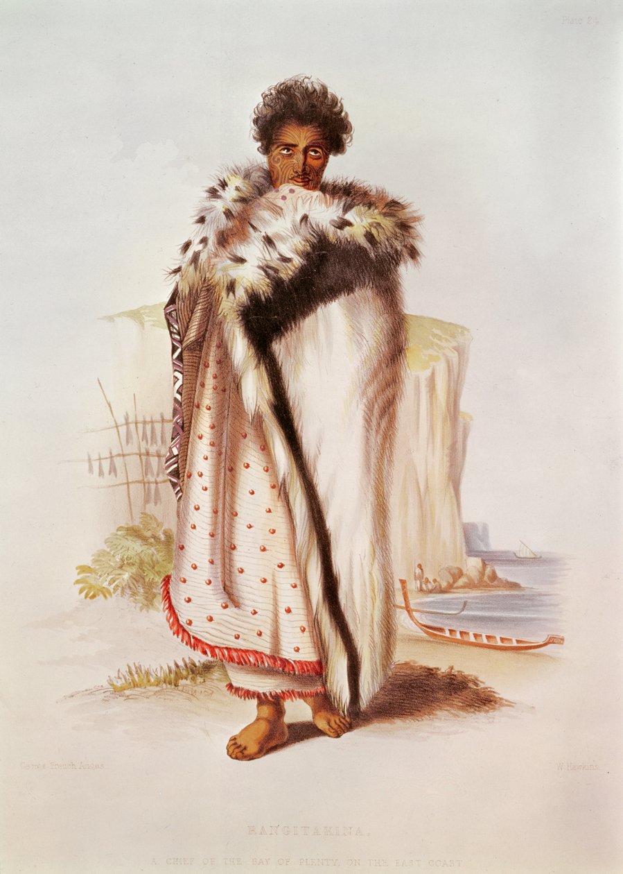 Rangitakina, a Plenty-öböl főnöke a keleti parton, illusztráció Új-Zélandról Illustrated, metszett W. Hawkins, 1845 körül alkotó: George French Angas