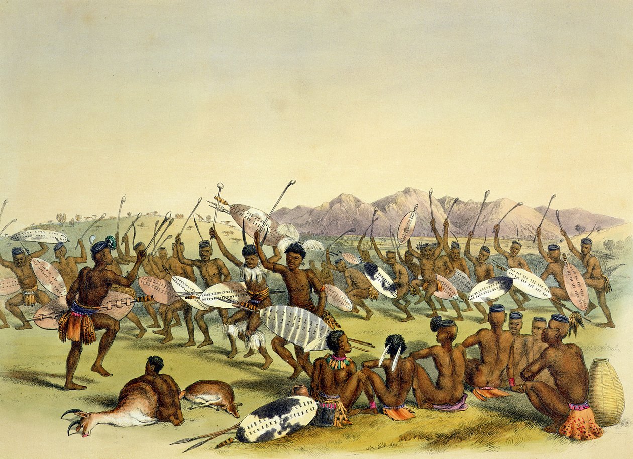 Zulu vadásztánc az Engooi-hegység közelében, 14. tábla a "The Kafirs Illustrated"-ből, 1849. alkotó: George French Angas