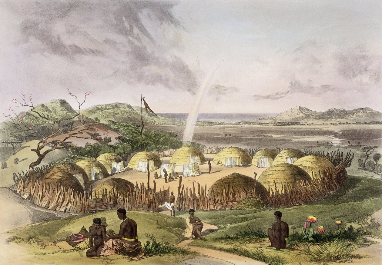 Zulu Kraal Umlazi közelében, Natal, 27. lemez a „The Kafirs Illustrated”-ből, 1849 alkotó: George French Angas