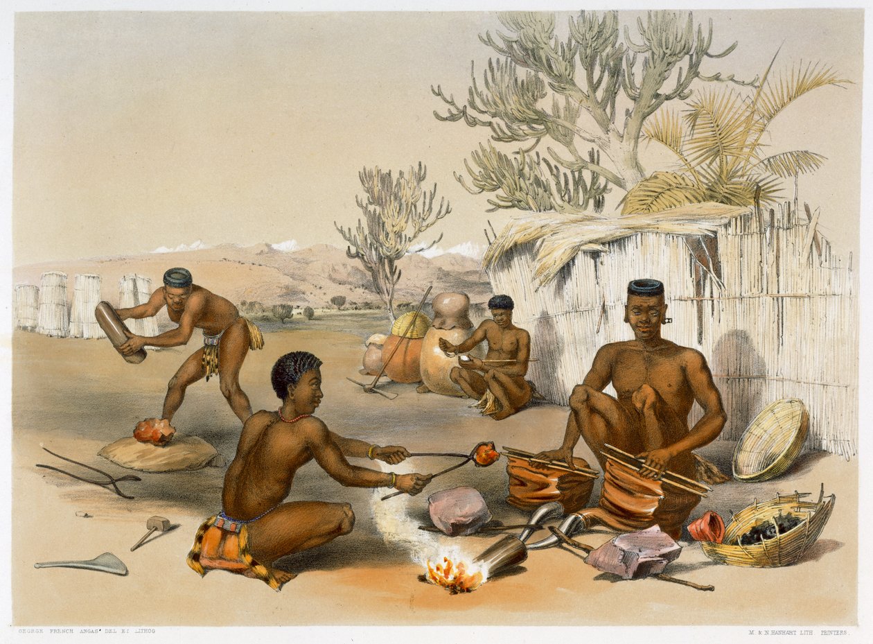 Zulu kovácsok munkában, 1849 alkotó: George French Angas