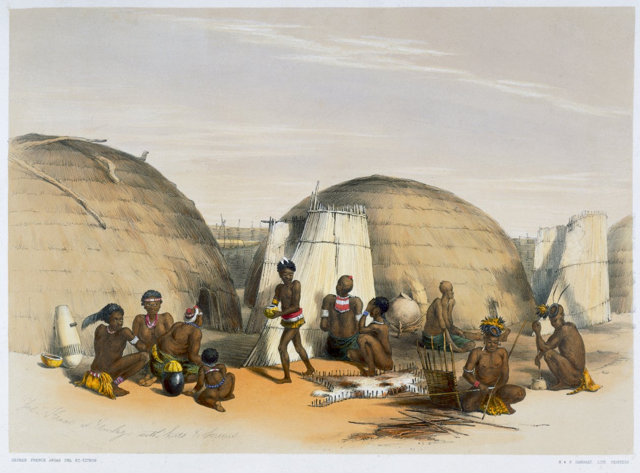Zulu kraal Umlaziban kunyhókkal és paravánokkal, 1849 alkotó: George French Angas