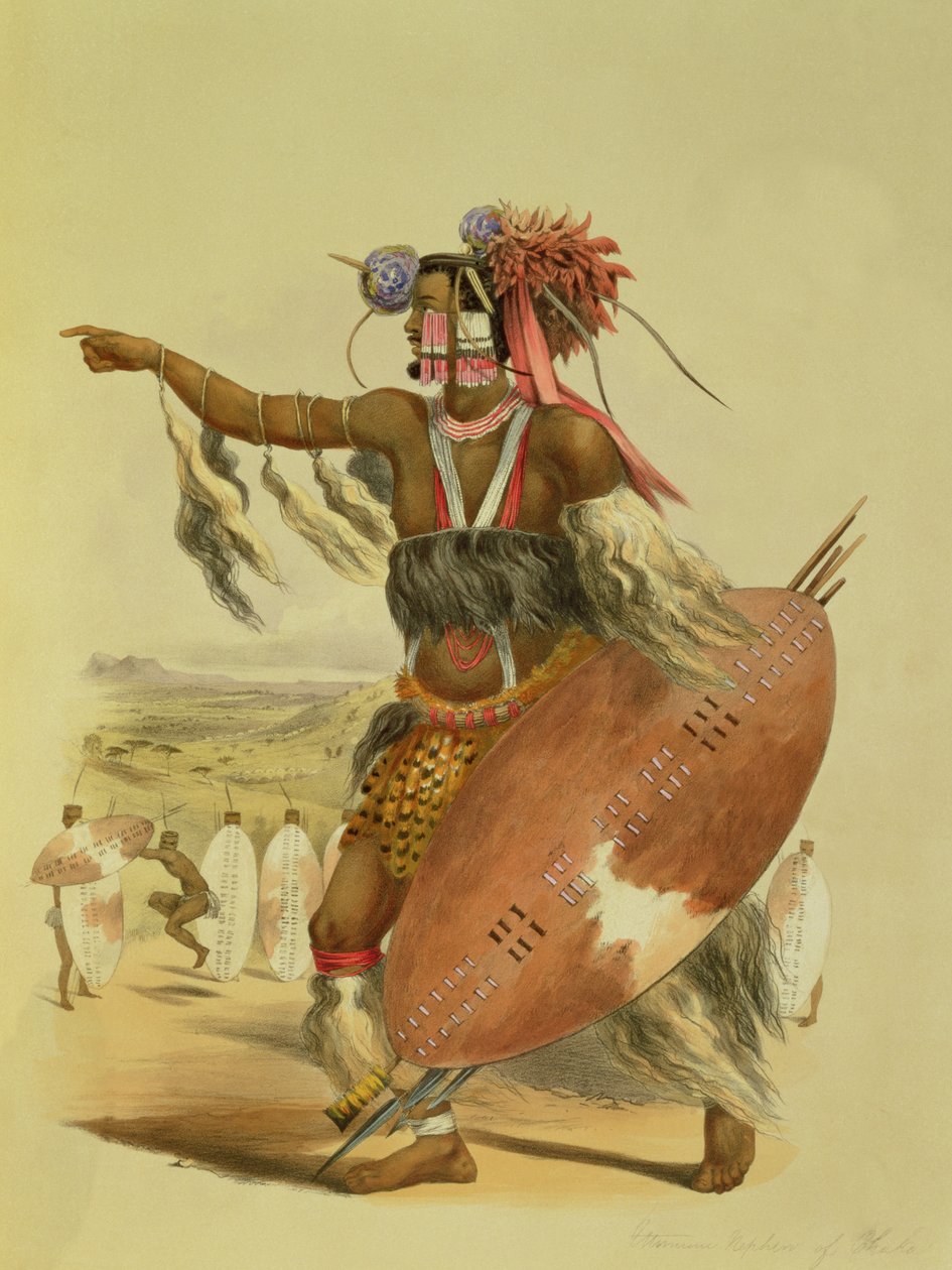 Zulu harcos, Utimuni, Chaka, a néhai zulu király unokaöccse, a „The Kafirs Illustrated” 13. táblája, 1849 alkotó: George French Angas