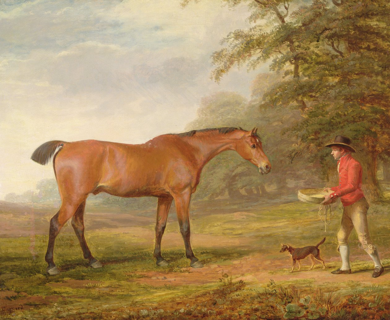 Egy öböl ló, akit egy istállólegény közelített meg élelemmel és kötőfékkel, 1789 alkotó: George Garrard