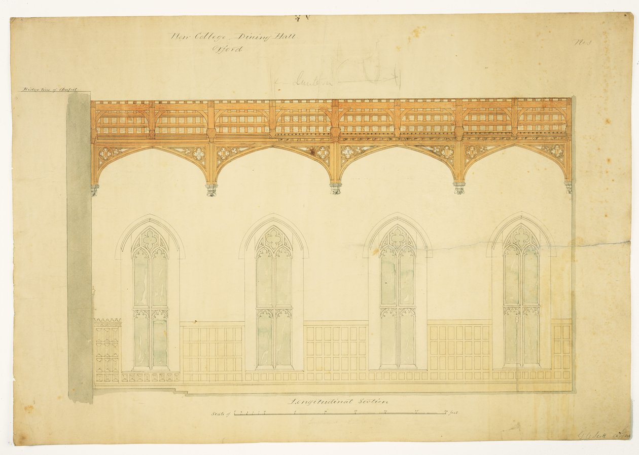 New College Oxford: Design for New Hall Roof, 1865 (toll és tinta mosás papíron) alkotó: George Gilbert Scott