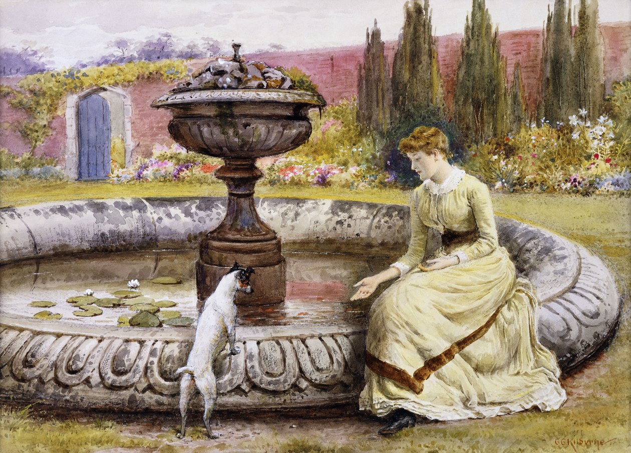 Egy hölgy és egy kutya a díszmedence mellett, alkotó: George Goodwin Kilburne