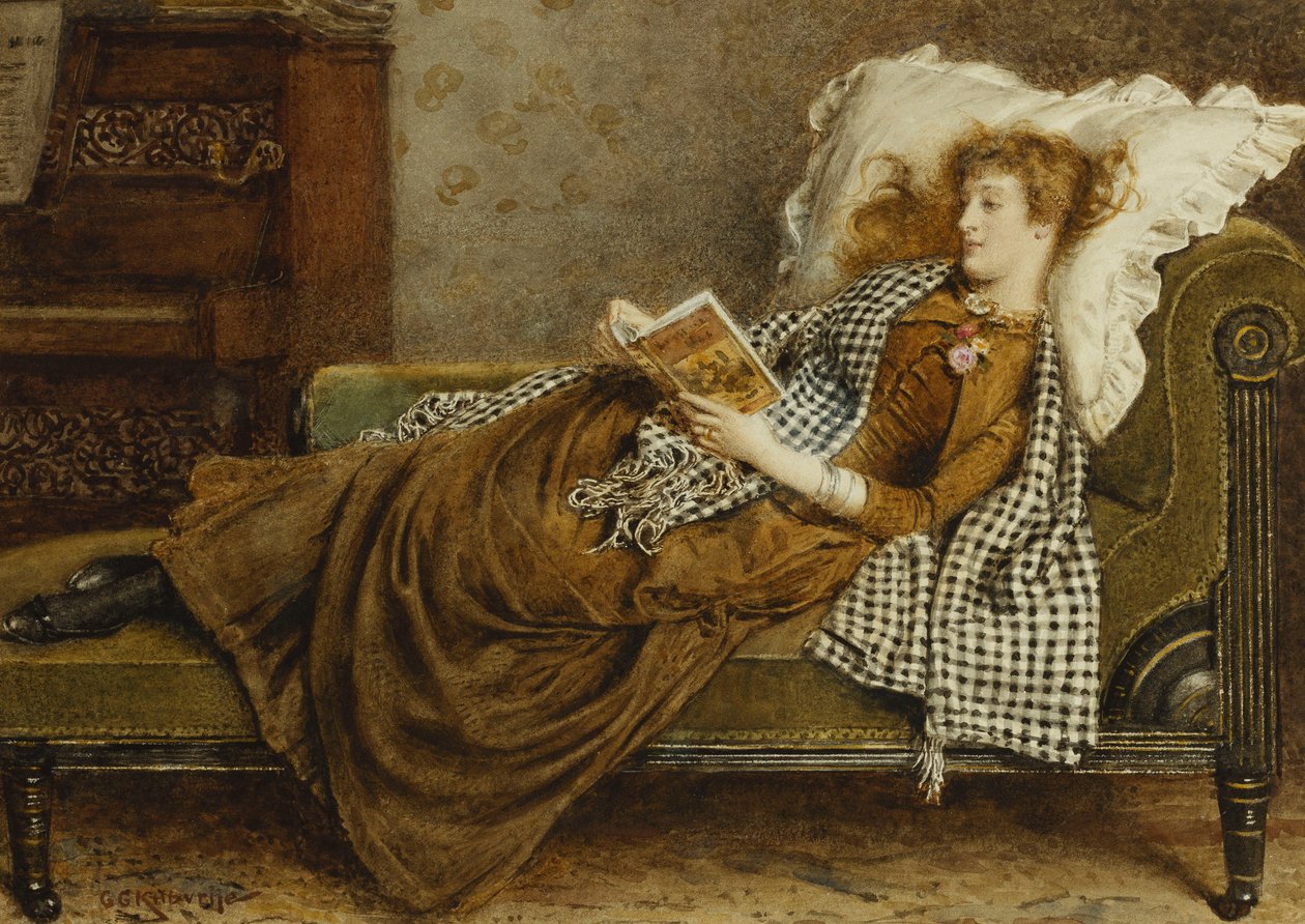 Egy fiatal hölgy a belső térben olvas, alkotó: George Goodwin Kilburne