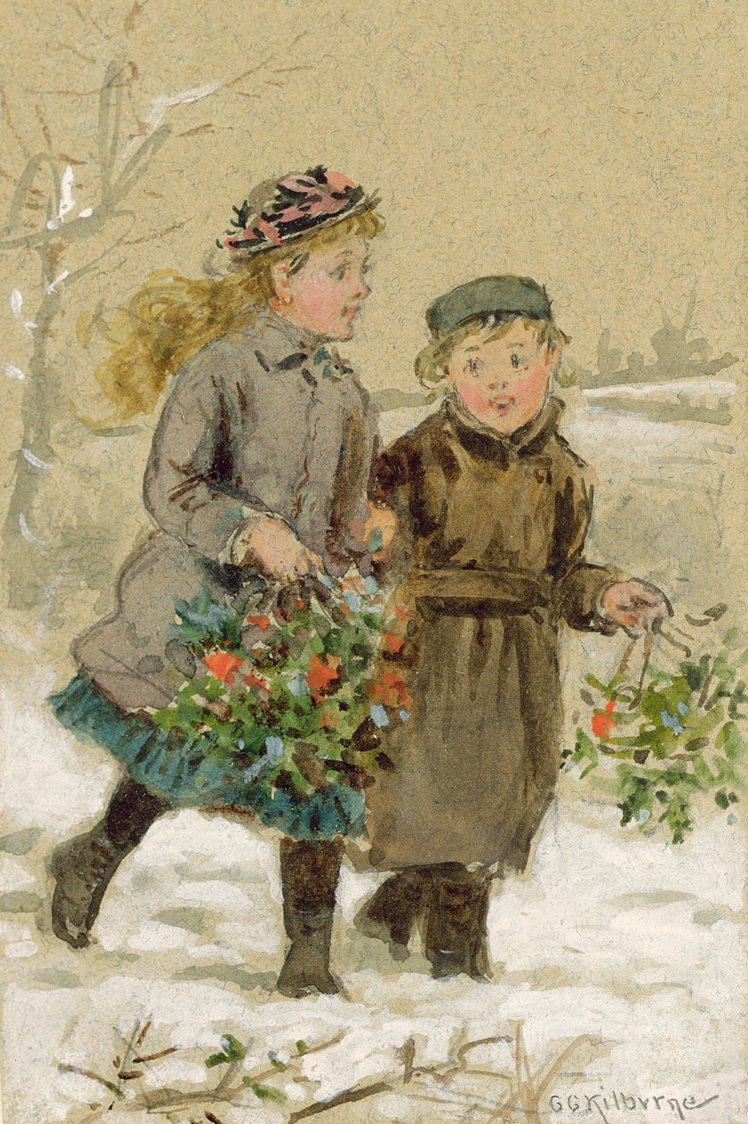 Gyerekek játszanak a hóban - Holly gyűjtése (papíron fehérrel megnövelt wc) (a párért lásd a 224240-et) alkotó: George Goodwin Kilburne