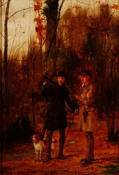 Két férfi lövöldözik a fakopáncsot alkotó: George Goodwin Kilburne