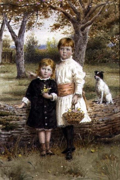 Két nővér egy kosár virággal alkotó: George Goodwin Kilburne